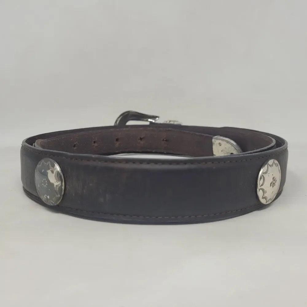 Brown Leather Belt Mens 44 Western Concho Silver Buckle Studded Cowboy Rodeo‎